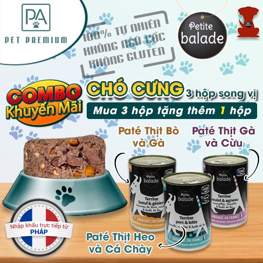 (Combo 3 hộp song vị) Pate cho chó Petite Balade 400g/hộp (Pate Bò &amp; Gà, Pate Heo &amp; Cá Chày, Pate Gà &amp; Cừu) nhập khẩu từ Pháp