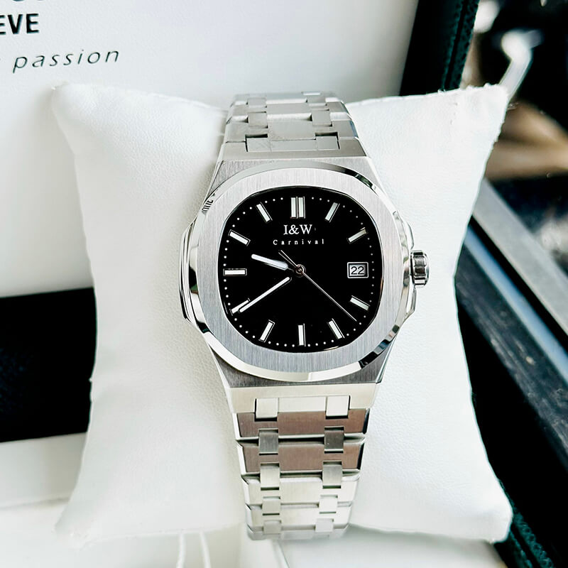 Đồng hồ nam chính hãng I&amp;W Carnival 721G1-T2 kính sapphire,chống xước,chống nước 50m,Bảo hành dài hạn,máy cơ (automatic),mặt đen viền trơn dây thép không gỉ