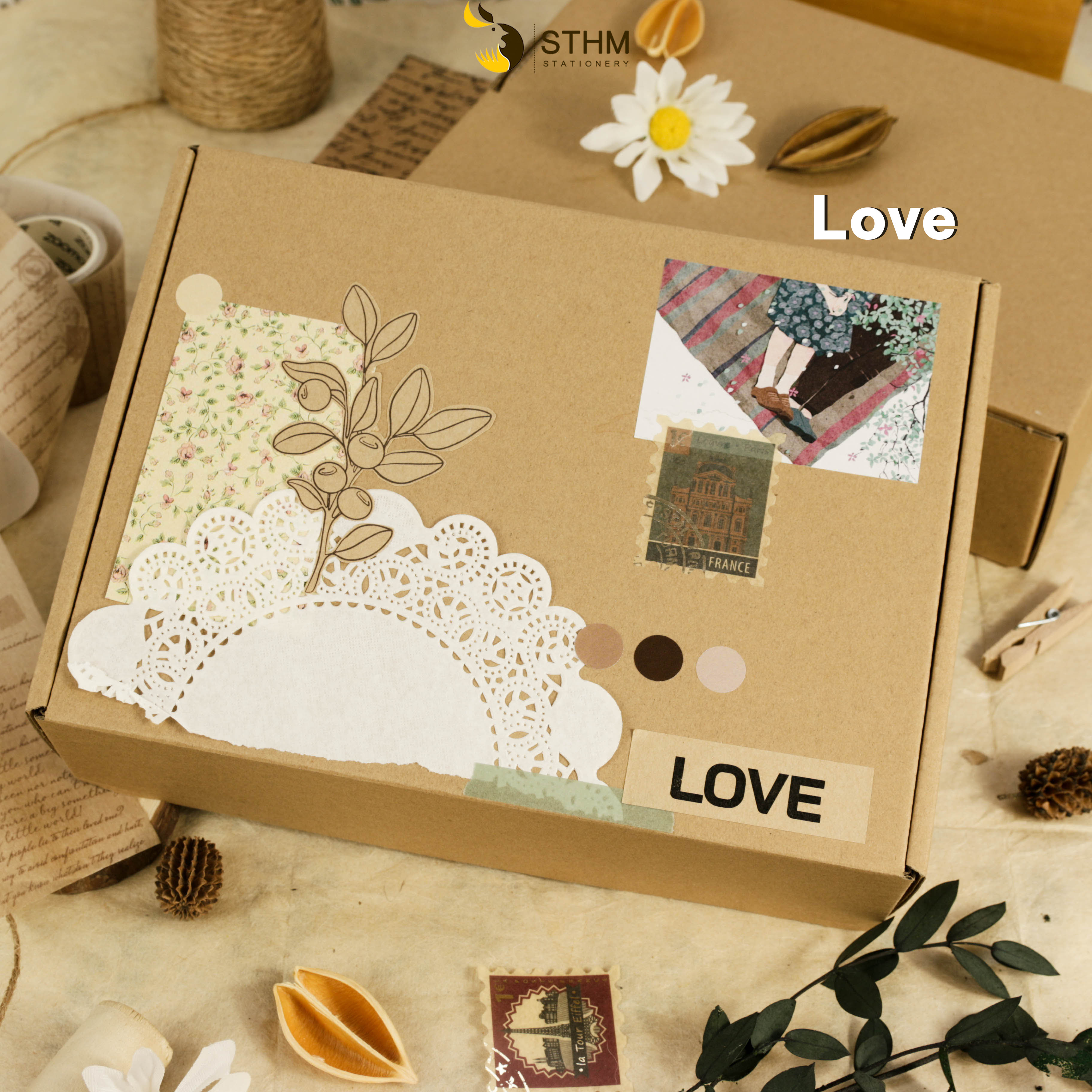 - Hộp quà Handmade Vintage - Chỉ bao gồm hộp và giấy gói bên trong