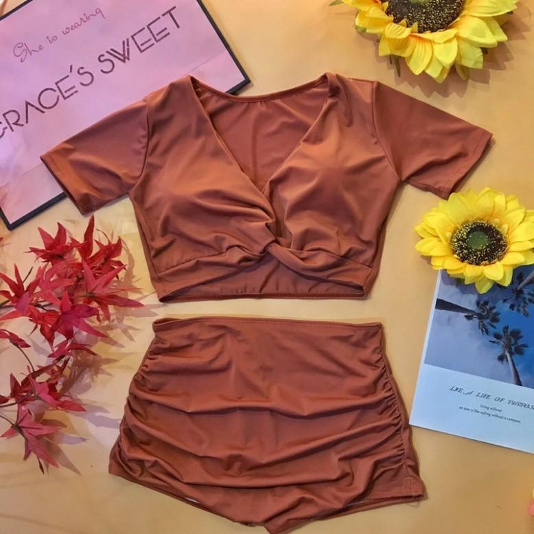 bikini hai mảnh áo croptop cộc tay sẵn mút nâng ngực quần đùi nhún che bụng