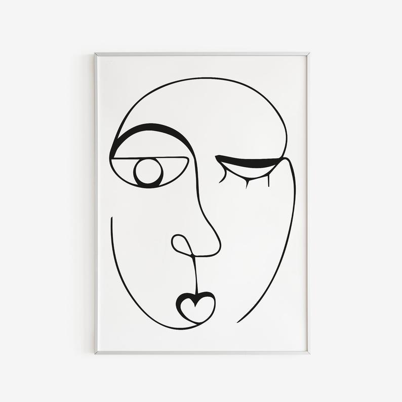 Tranh treo tường | Tranh Abstract One Line Drawing Face, Printable Line Art, Single Line, Black and White Wall Art