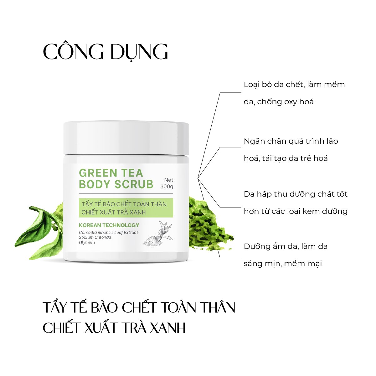 Tẩy tế bào chết toàn thân Truesky Green Tea Body Scrub chiết xuất trà xanh giúp làm sạch da chết, dưỡng ẩm và ngăn ngừa mụn 300g