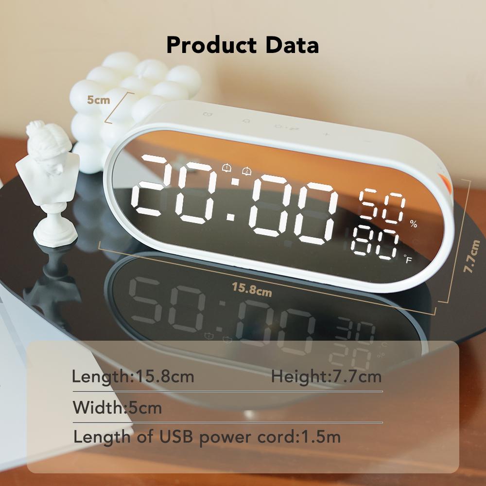 Mirror Digital Alarm Clock Touch Control Table Clock 2 Alarm Clock with Snooze Backlight Adjustable Large LED Display Time Temperature Humidity Detector Desktop Home Decor