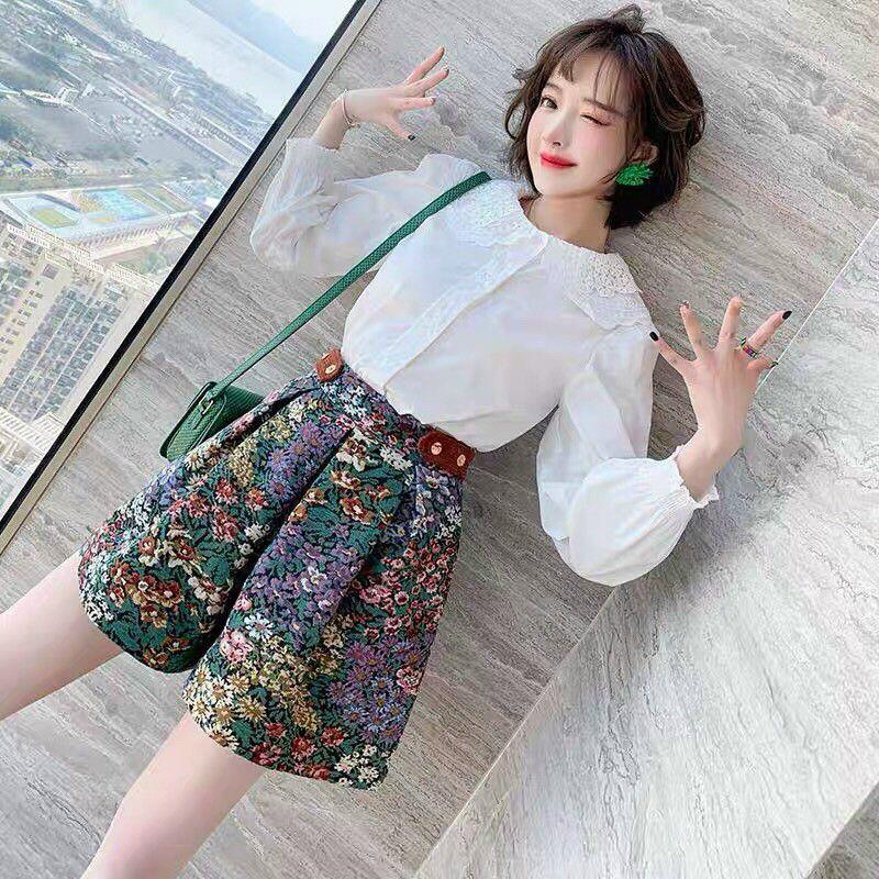 SET ÁO SƠ MI CỔ REN QUẦN GẤM HOA CAO CẤP