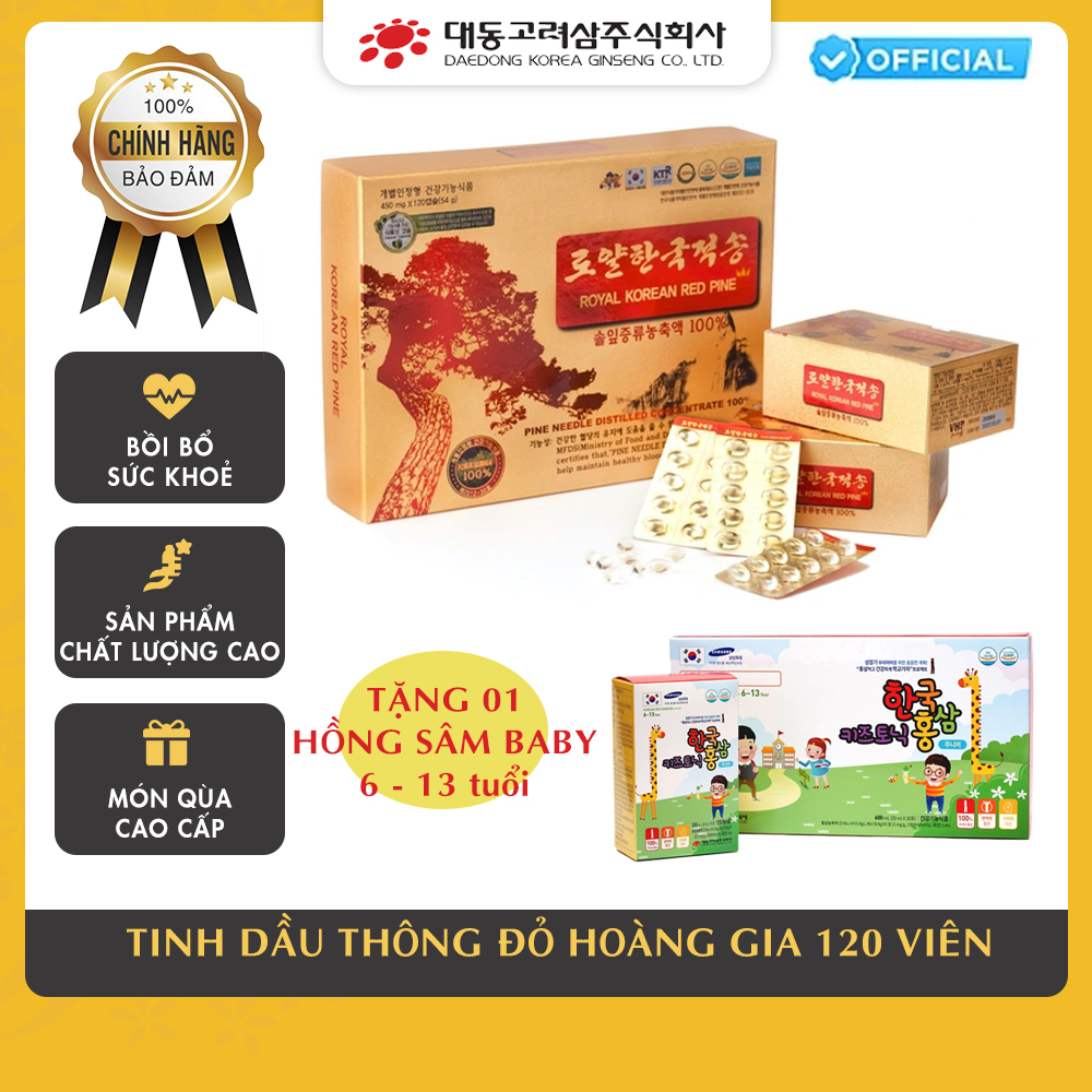 COMBO TInh dầu thông đỏ Royal Korean Red Pine 120 viên TẶNG 01 hộp 30 gói Hồng sâm baby cho trẻ 6-13 tuổi Daedong Korea Ginseng