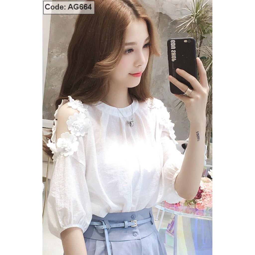Áo Sơ Mi Nữ Vải Voan Hoa Nổi Trễ Vai AG664135