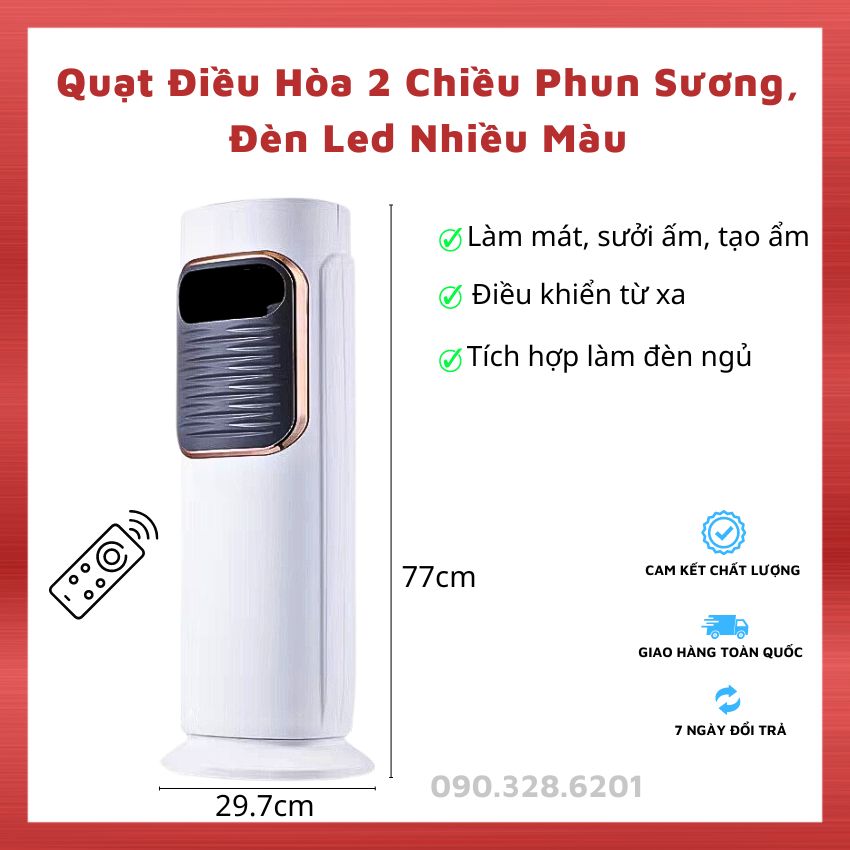 Quạt Điều Hòa Hơi Nước Có Điều Khiển Đèn Led Chuyển Màu, Quạt Phun Sương Tạo Ẩm