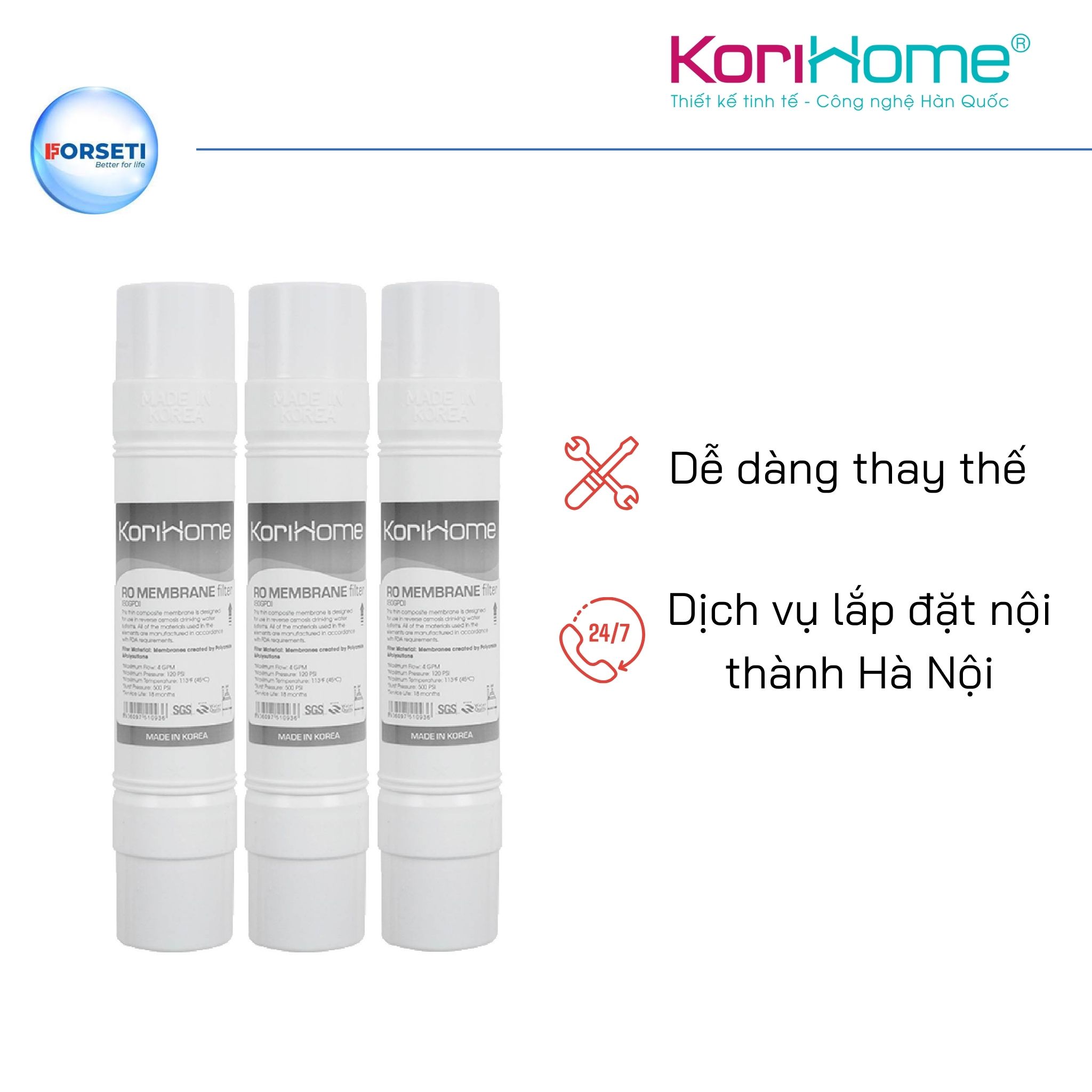 Combo 3 Màng RO Korihome Membrane 80GPD nhập khẩu Hàn Quốc công suất 15l/h dùng cho tất cả các máy Korihome - Hàng chính hãng