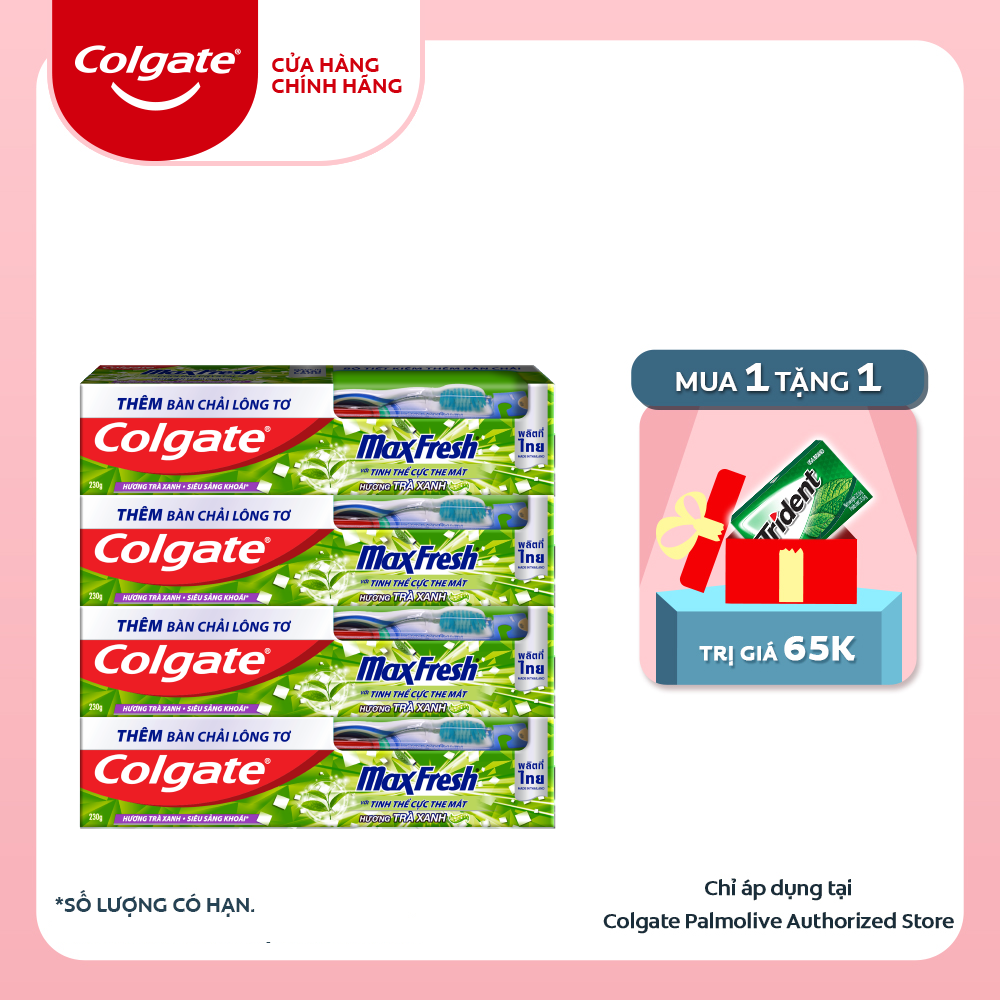 Bộ 4 Kem đánh răng Colgate Trà Xanh the mát Maxfresh 230g/tuýp tặng bàn chải đánh răng lông tơ cao cấp + tặng 1 Lốc Trident