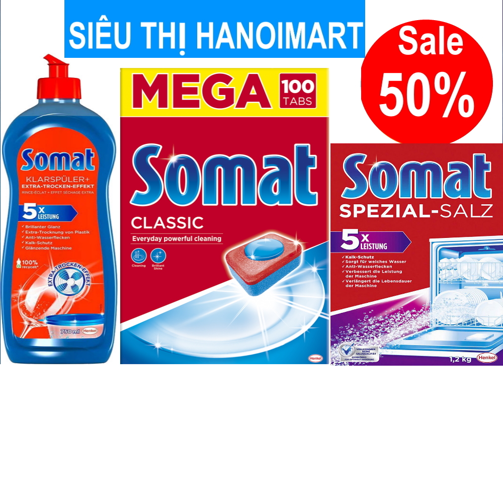 Combo 100 viên rửa bát somat + muối rửa bát somat 1.2kg + Nước làm bóng chén bát somat 750ml chính hãng