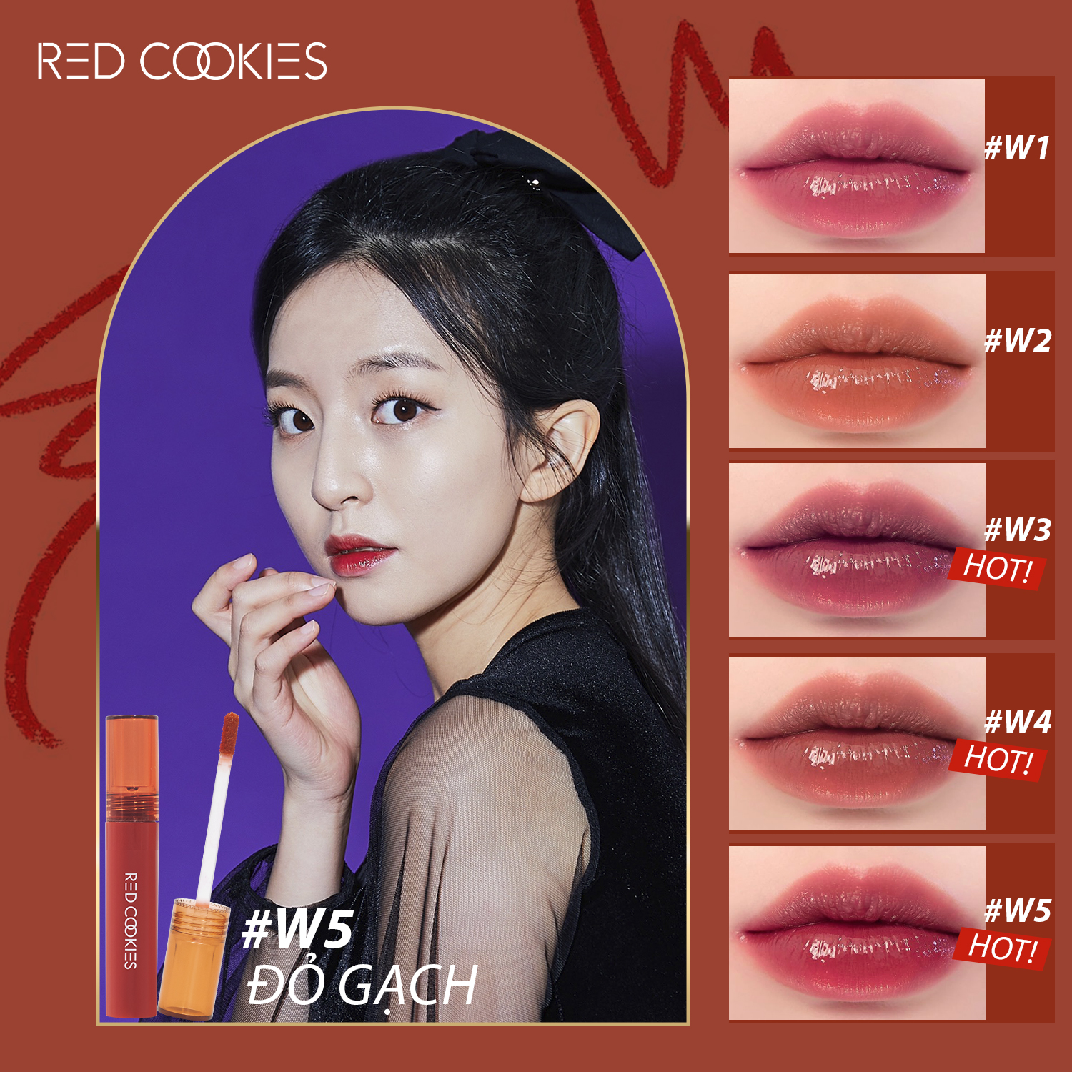 Son Bóng Red Cookies Glow Water Wrap Tint Hàn Quốc Màu W5 - Đỏ Gạch