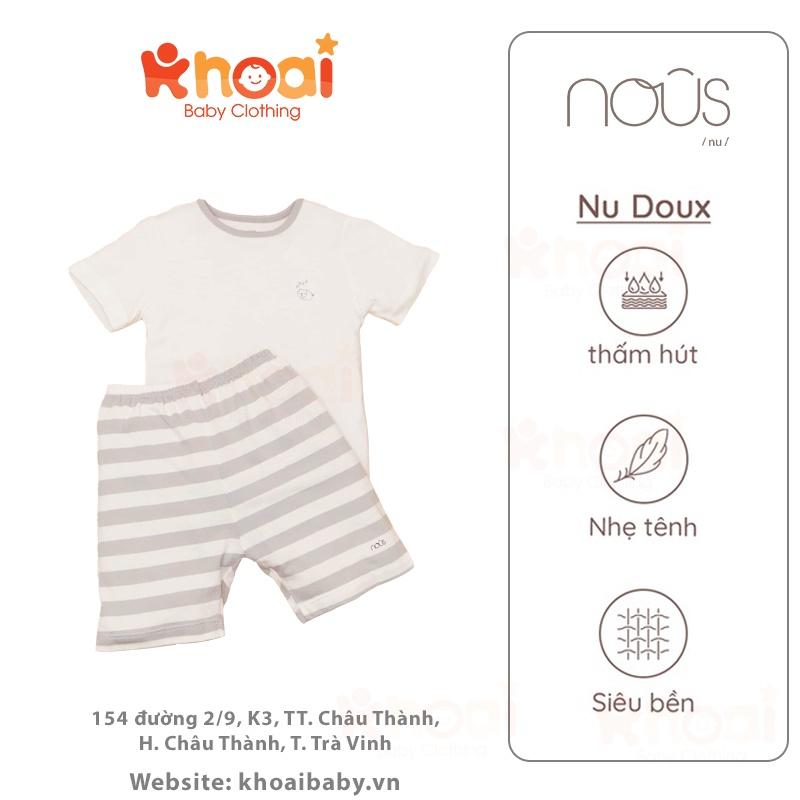 Bộ cài vai cộc Nous trắng ghi hình gấu - Chất liệu Nu Doux 95% cotton thiên nhiên