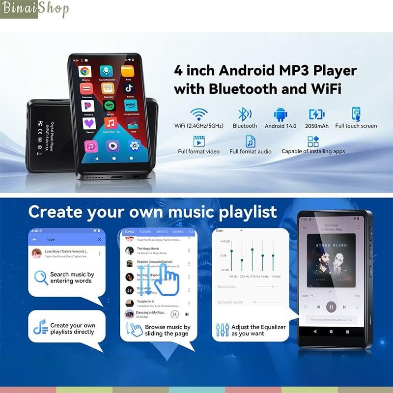 Ruizu D65 - Máy Nghe Nhạc HiFi Lossless Android 14, Ram 4GB+64GB, Hỗ Trợ Wifi - Bluetooth 5.0, Xem Video 1080P - Hàng chính hãng