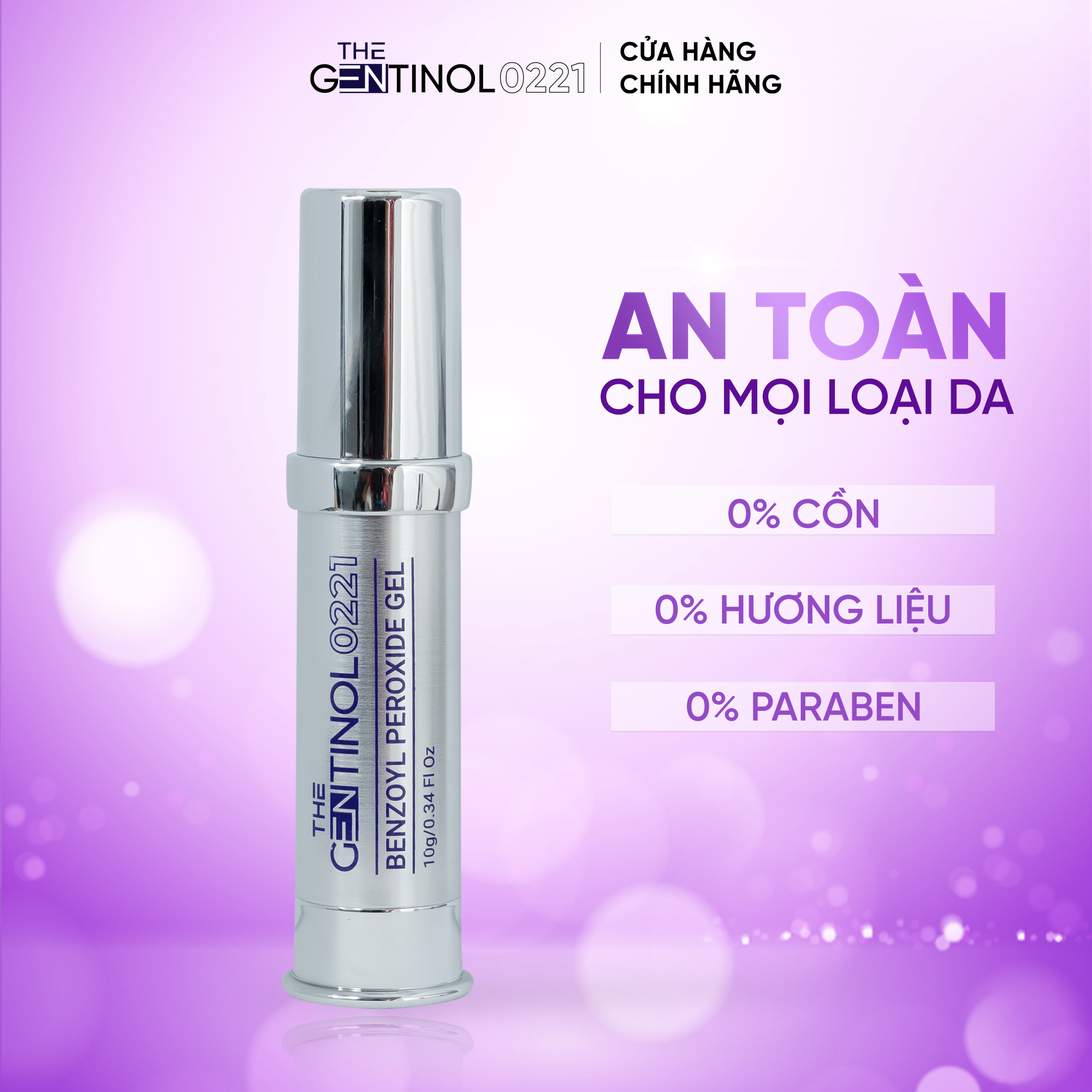 Gel chấm mụn The Gentinol 0221  hỗ trợ ngăn mụn, làm chậm tiến độ phát triễn của mụn và vi khuẩn Benzoyl Peroxide Gel 10g