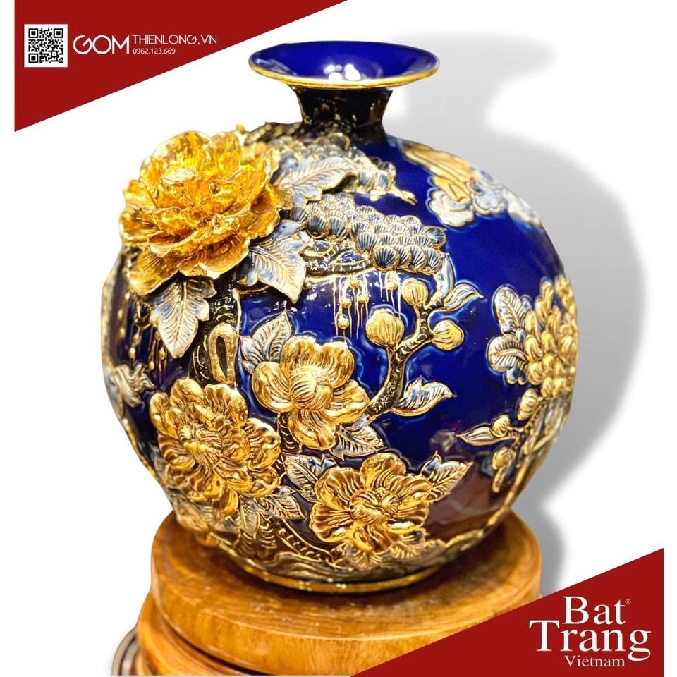 Bình Hút Lộc Mã Đáo Thành Công Màu Xanh Tím -Vẽ Vàng Đắp Nổi Hàng Kỹ -Bình Tài Lộc Bát Tràng -Gốm Thiên Long