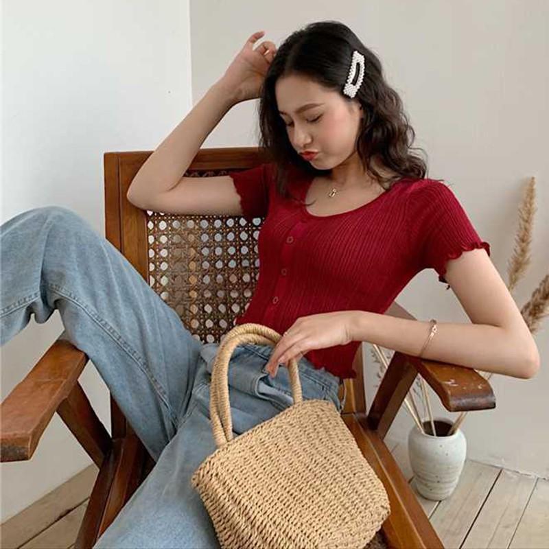 Áo thun len dệt tay ngắn cổ chữ O thời trang cho nữ