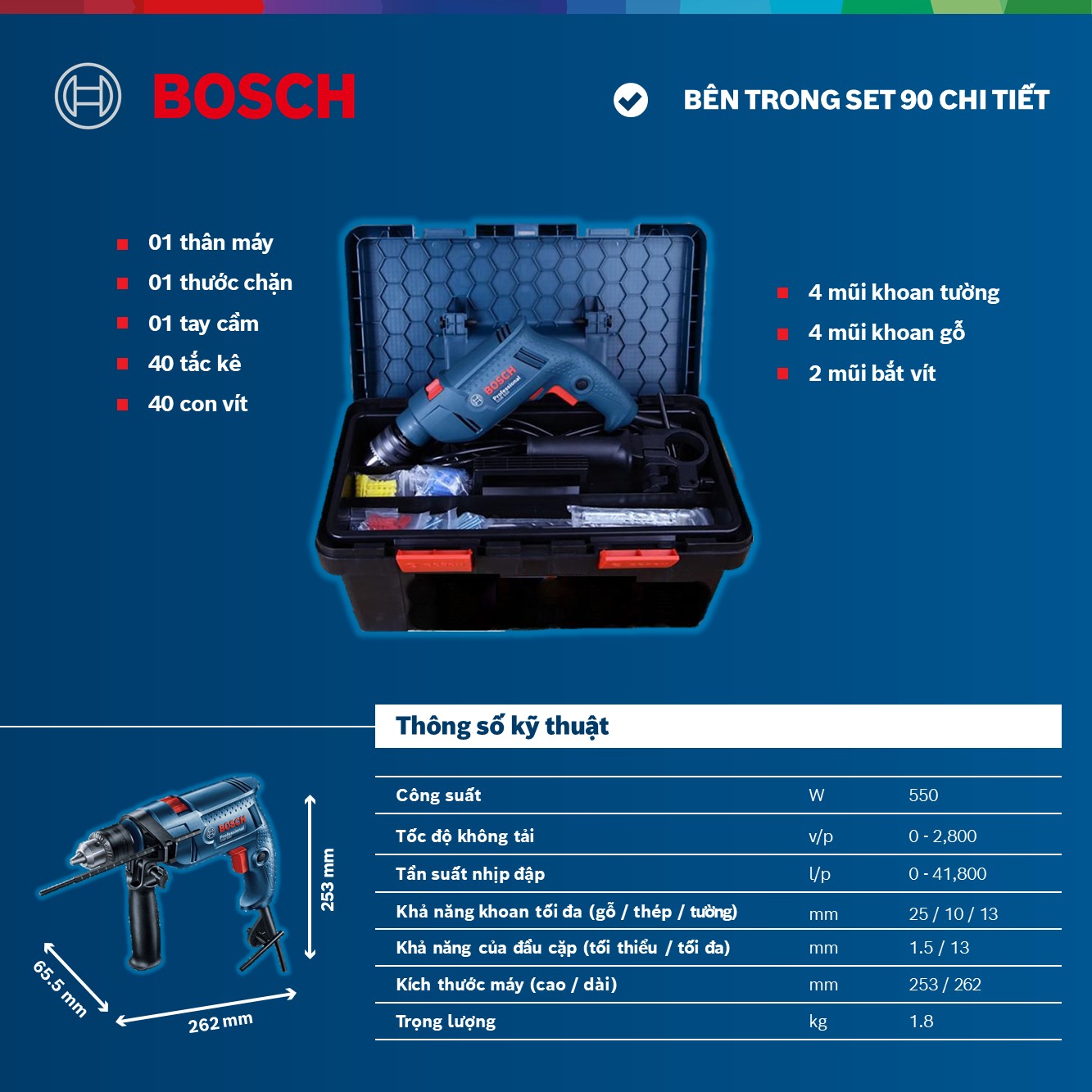 Máy khoan động lực Bosch GSB 550 550W - Tặng bộ phụ kiện FREEDOM 90 chi tiết