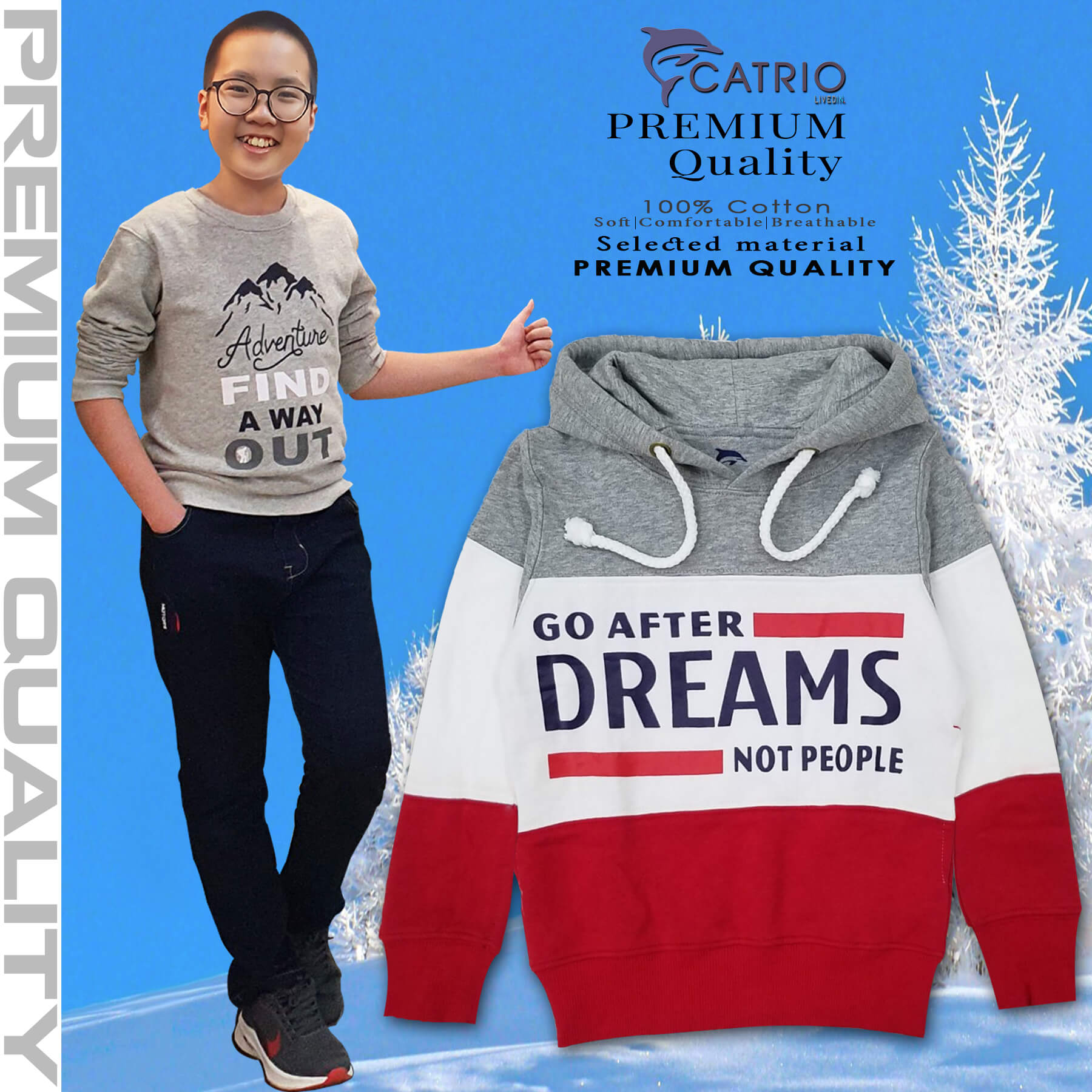 ÁO HOODIES TRẺ EM CATRIO HÌNH DREAMS phối màu xám trắng đỏ là áo nỉ mũ cotton bé trai, bé gái 6 tuổi 10 tuổi và 14 tuổi (23kg đến 50kg) thuộc BST quần áo trẻ em mùa thu đông CATRIO 2021