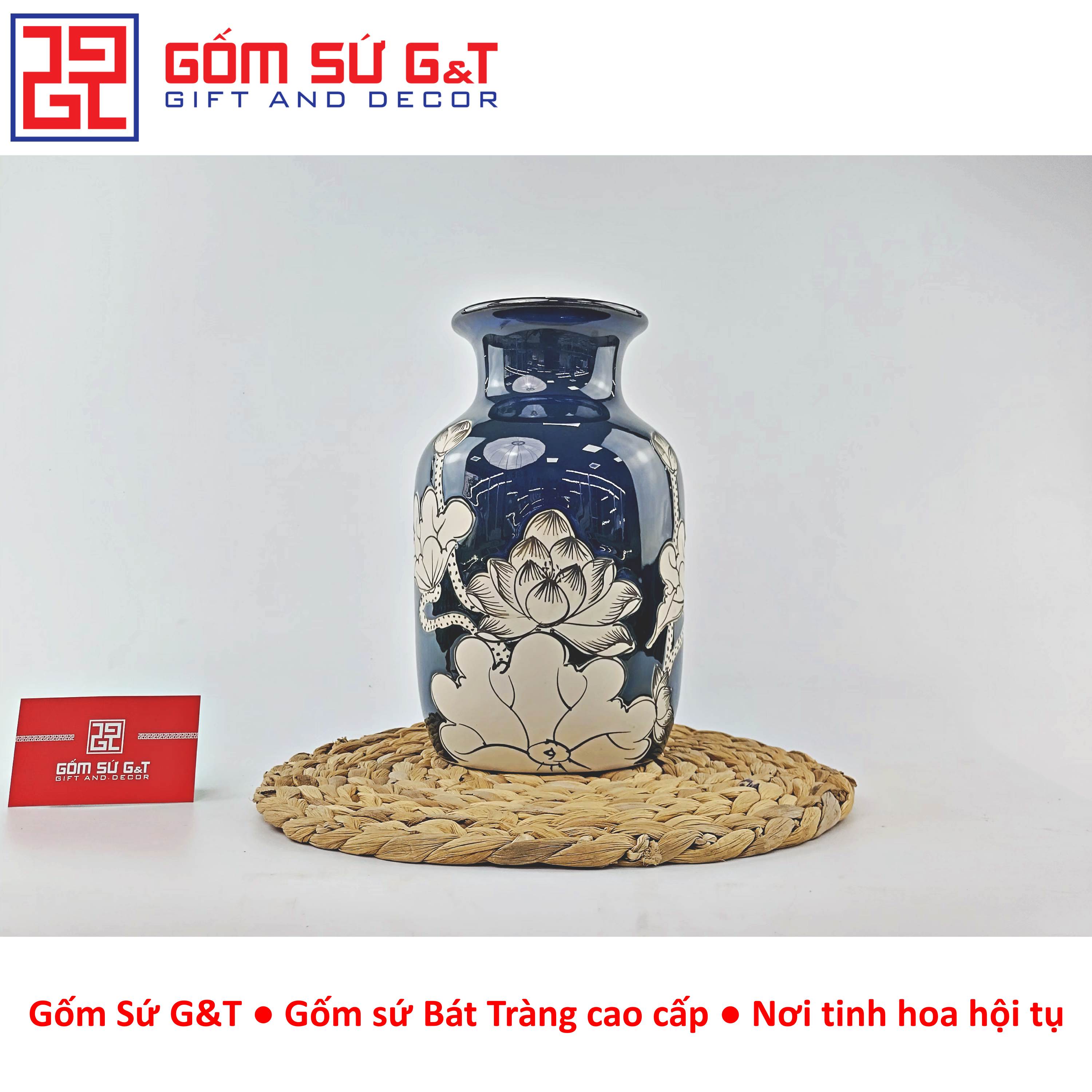 Lọ hoa men hỏa biến dáng phích cổ thấp vẽ sen Gốm Sứ G&amp;T