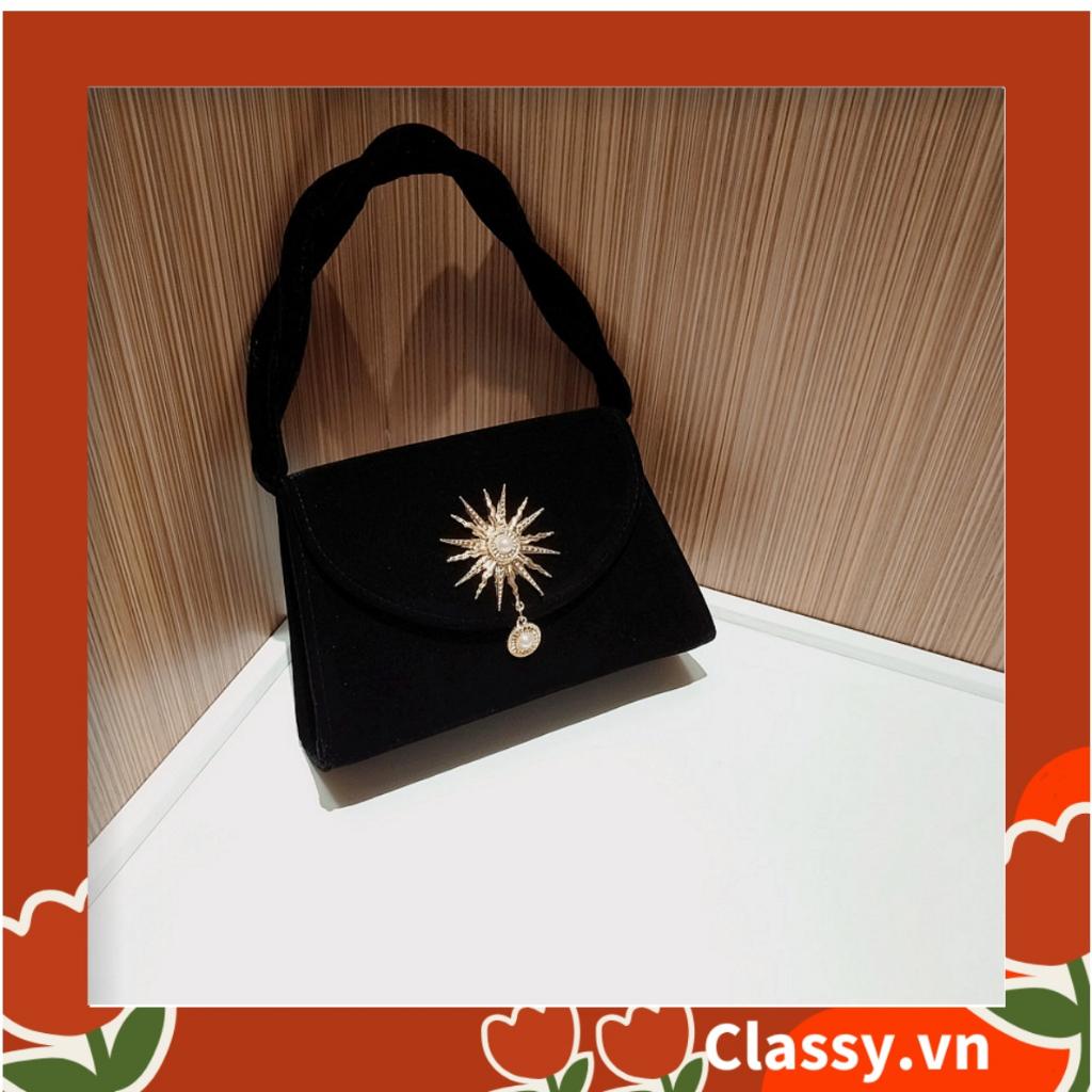 Túi nhung Classy tay cầm xoắn cao cấp - Đính phụ kiện ánh kim retro phiên bản cao cấp