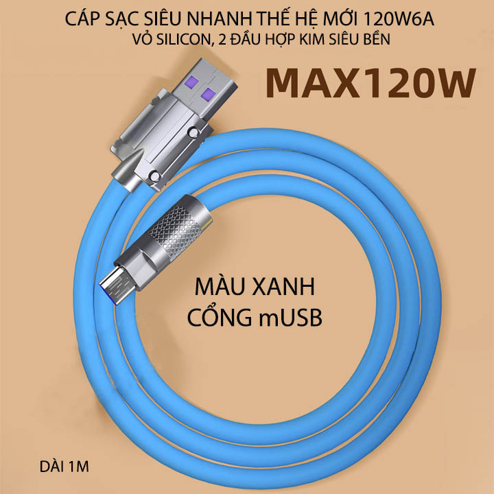 Cáp sạc siêu nhanh thế hệ mới 120W6A, vỏ silicon, 2 đầu bằng hợp kim rất bền, dài 1m