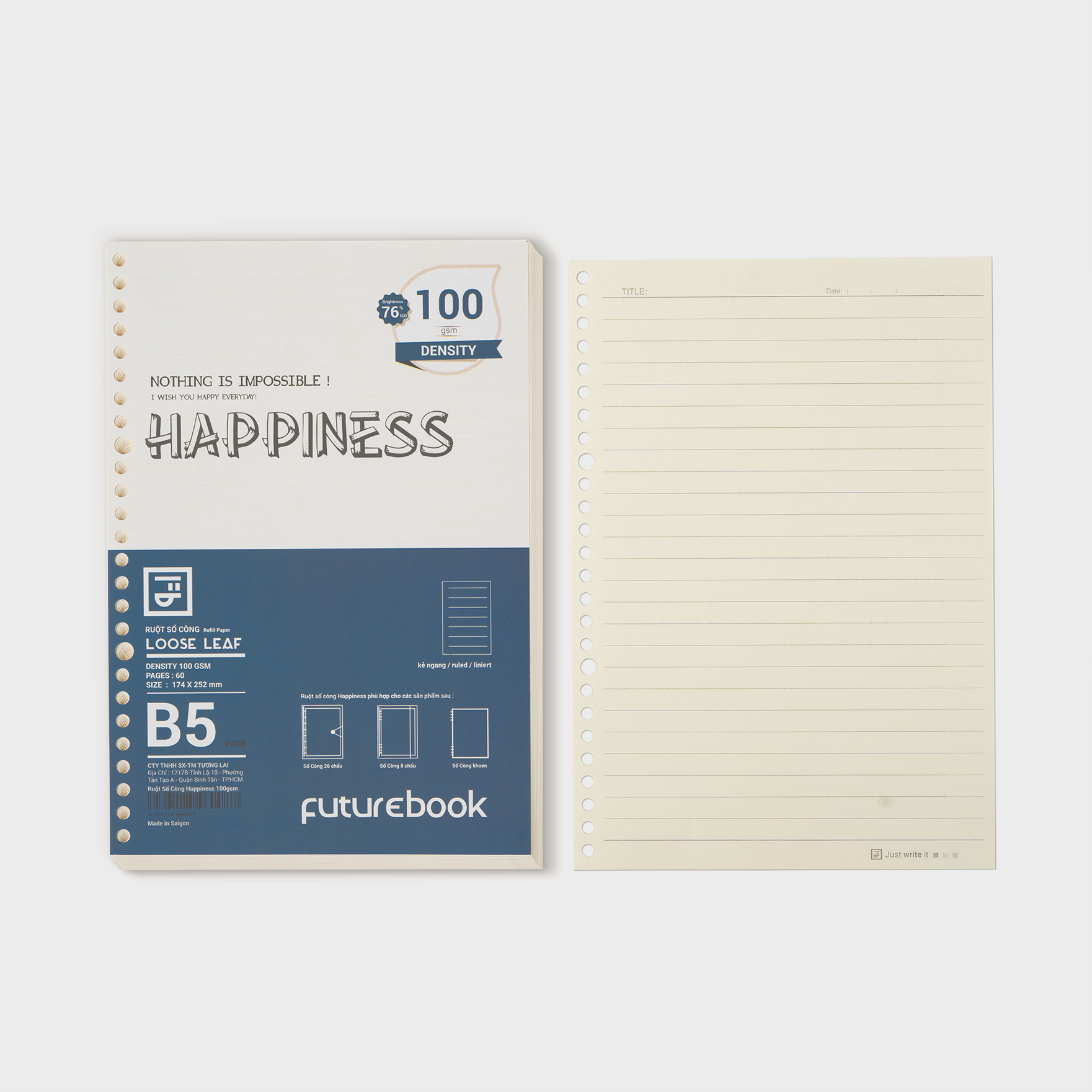 Giấy refill ruột sổ còng Binder Happiness B5 26 lỗ, caro chấm dot kẻ ngang, làm sổ tay planner FUTUREBOOK Mã P008