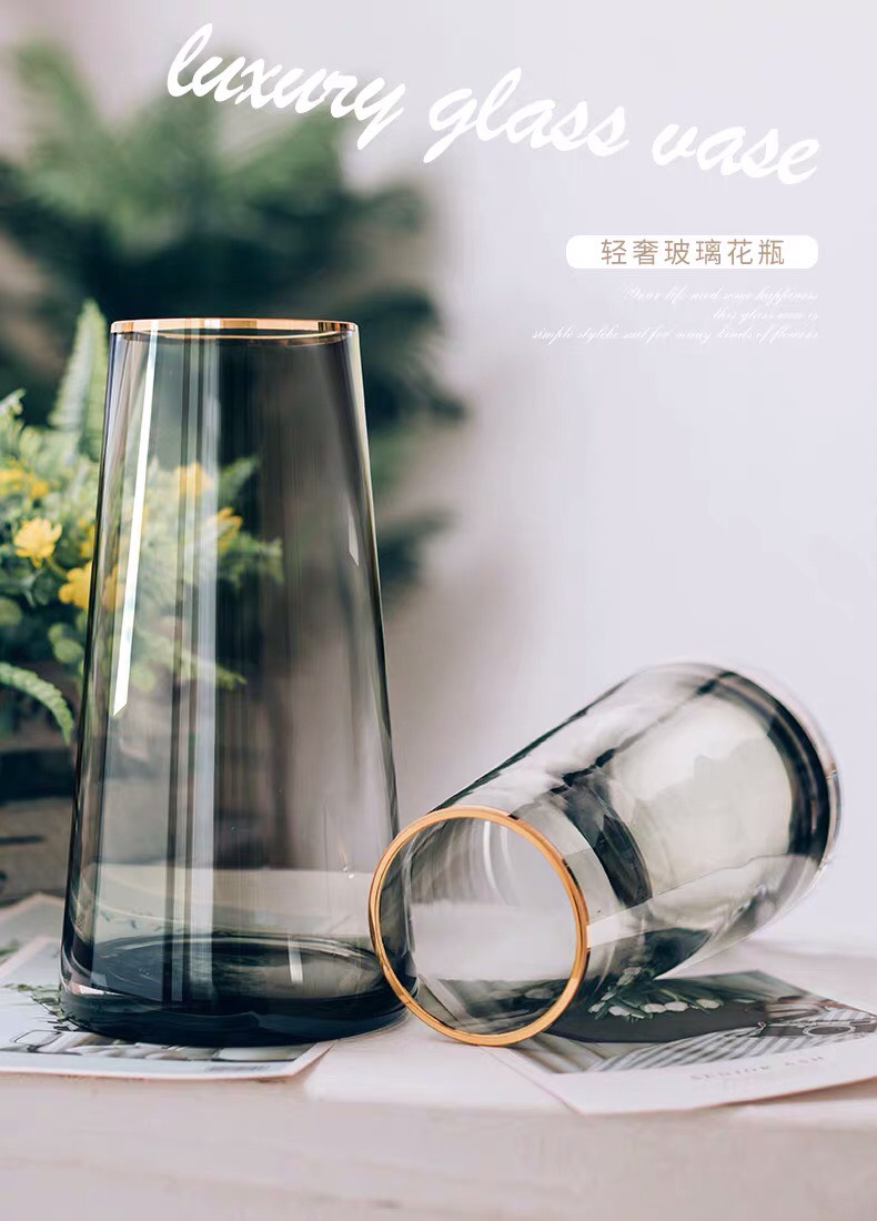 Bình, Lọ thủy tinh cắm hoa cao cấp xám khói viền vàng sang trọng