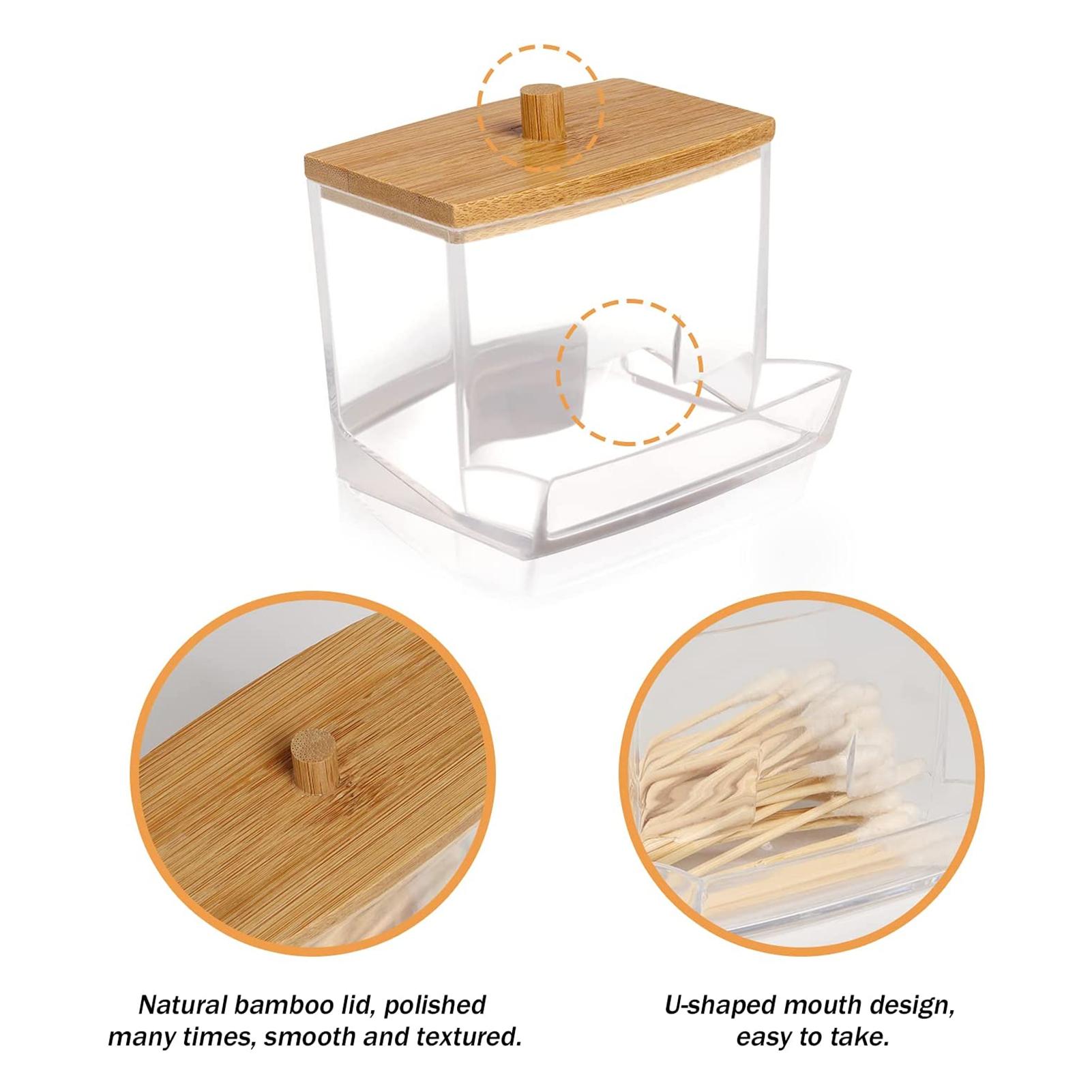 Giá đỡ lưu trữ bông gạc acrylic, tăm bông trong suốt với nắp bằng tre