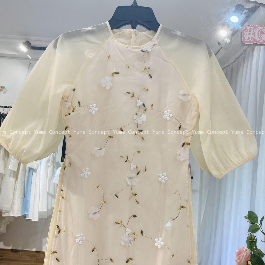 Áo Dài Cách Tân Nữ Tay Bồng Cổ Tròn Ren Hoa Nổi