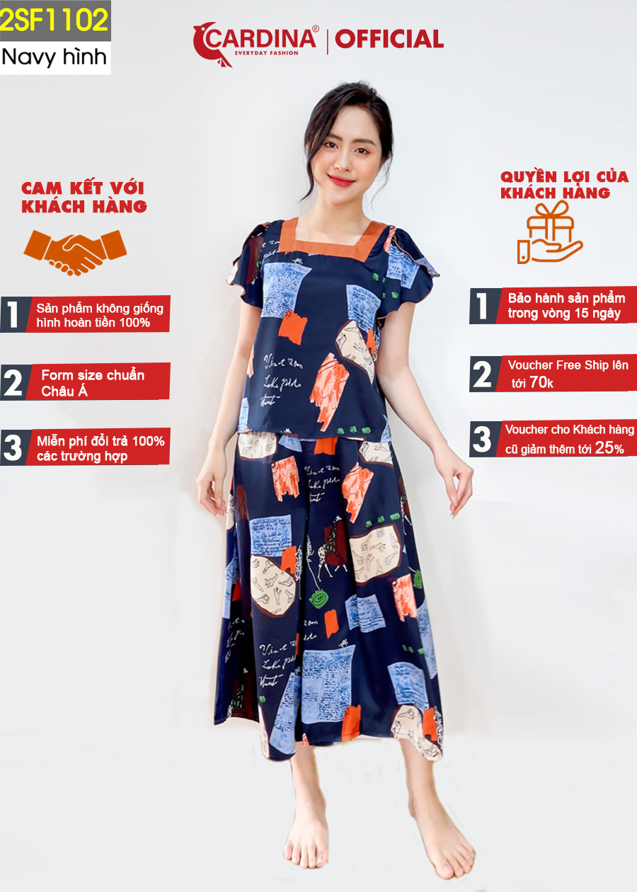 Đồ Bộ Nữ CARDINA Chất Lụa Satin Nhật Cao Cấp Áo Cổ Vuông Tay Bèo Quần Culottes Thời Trang 2SF11