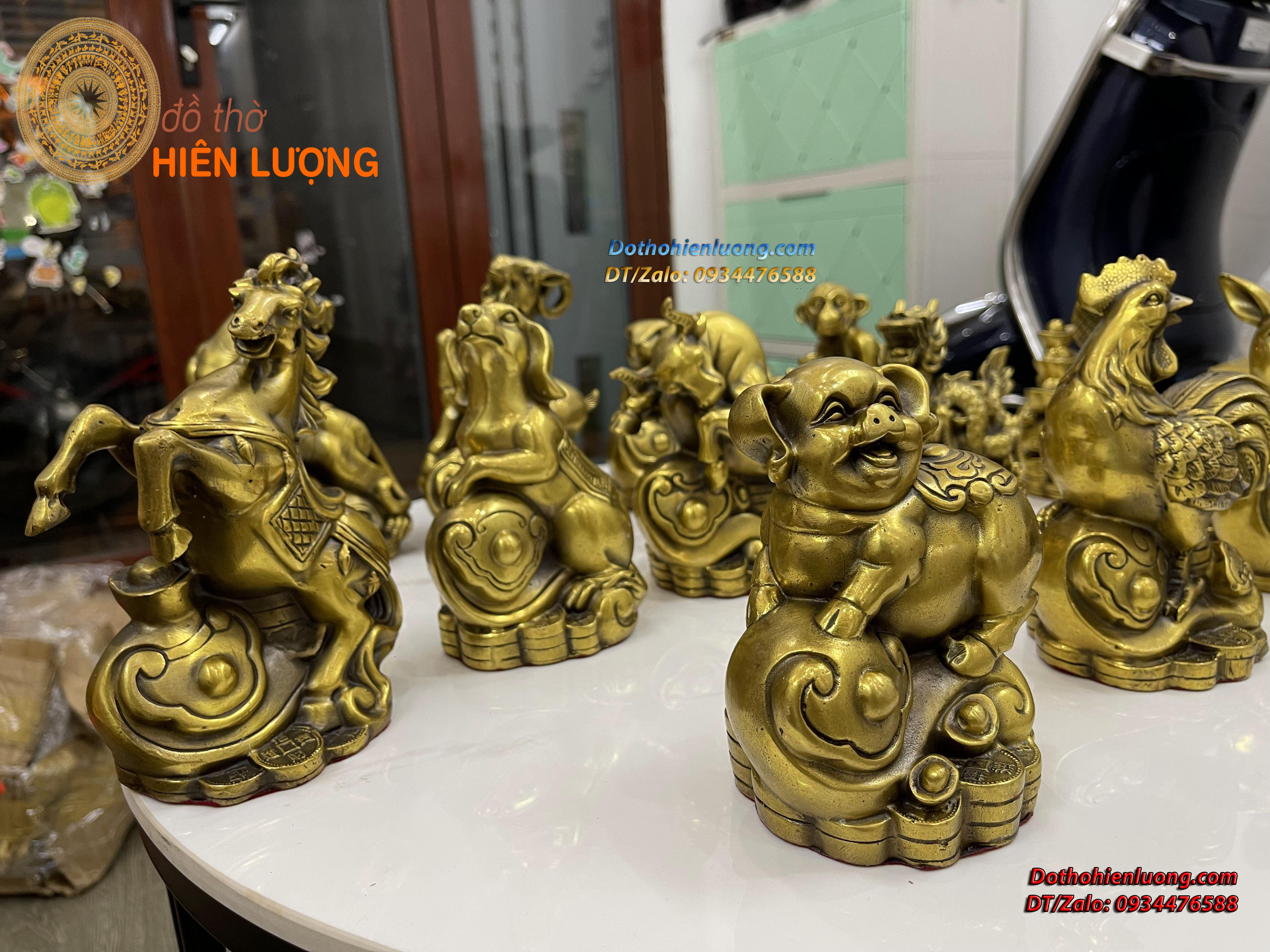 Bộ Tượng 12 Con Giáp Màu Vàng Bằng Đồng Nguyên Chất Cao Trung Bình 14cm, Nặng 9kg/bộ - Đồ Thờ Hiên Lượng