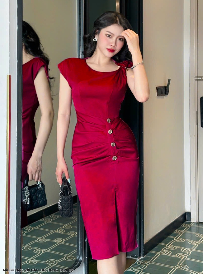 ĐẦM ÔM VAI CHÉO ĐÍNH 4 NÚT EO
