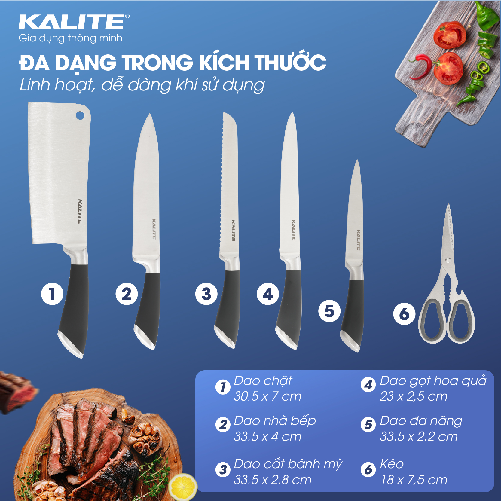 Bộ dao kéo inox 7 món Kalite KL 191, gồm 5 dao 1 kéo và ống cắm dao, hàng chính hãng