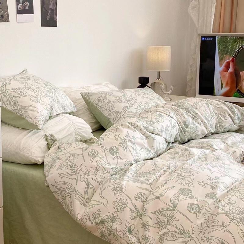 Bộ Chăn Ga Gối Cotton Living 100% Cotton Hàng Nhập Khẩu Cao Cấp 4 Món Hoa Xanh