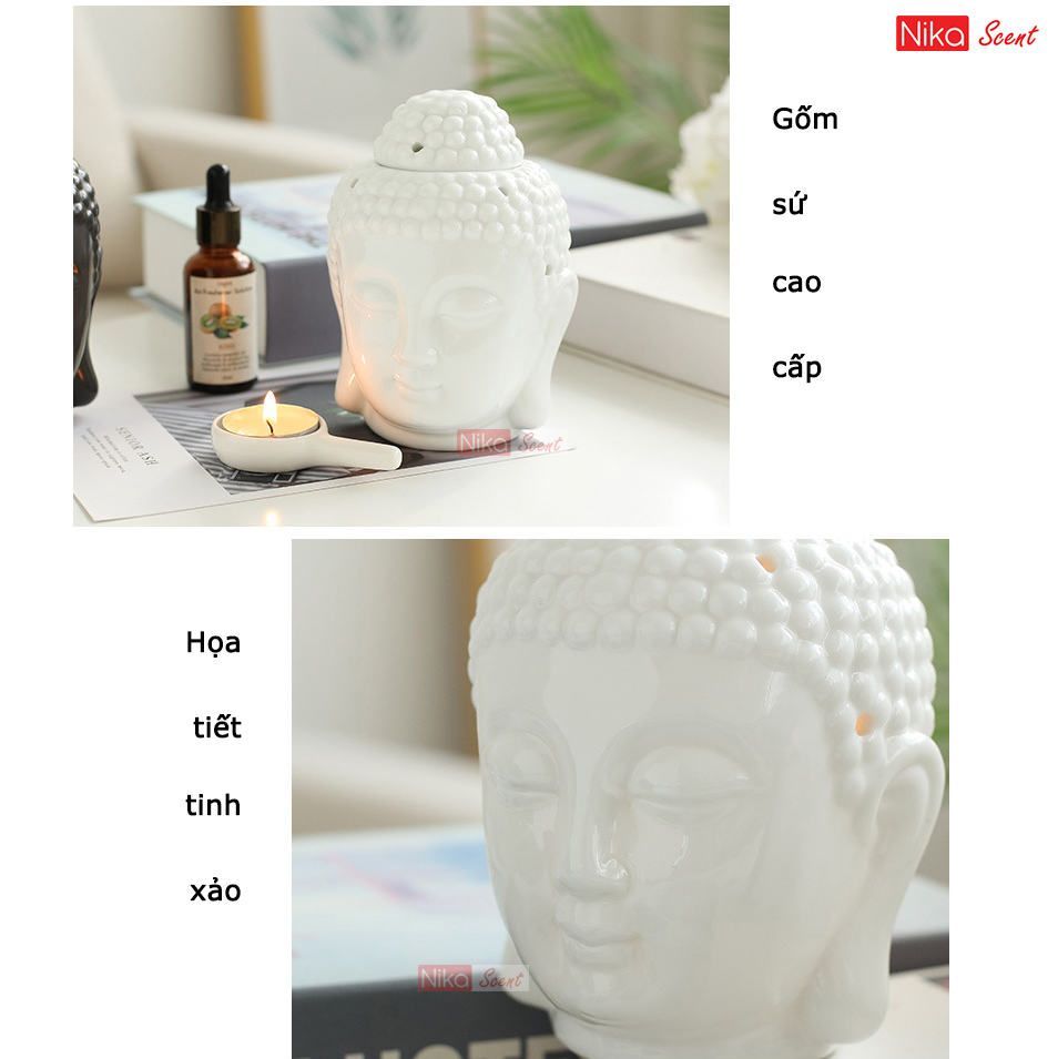 ( Nikascent ) Đồ Đốt Tinh Dầu Hình Phật Gốm Sứ Giúp Thư Giãn , Thơm Phòng , Khử Mùi + Tặng 1 nến đốt và 1 lọ tinh dầu 5ml