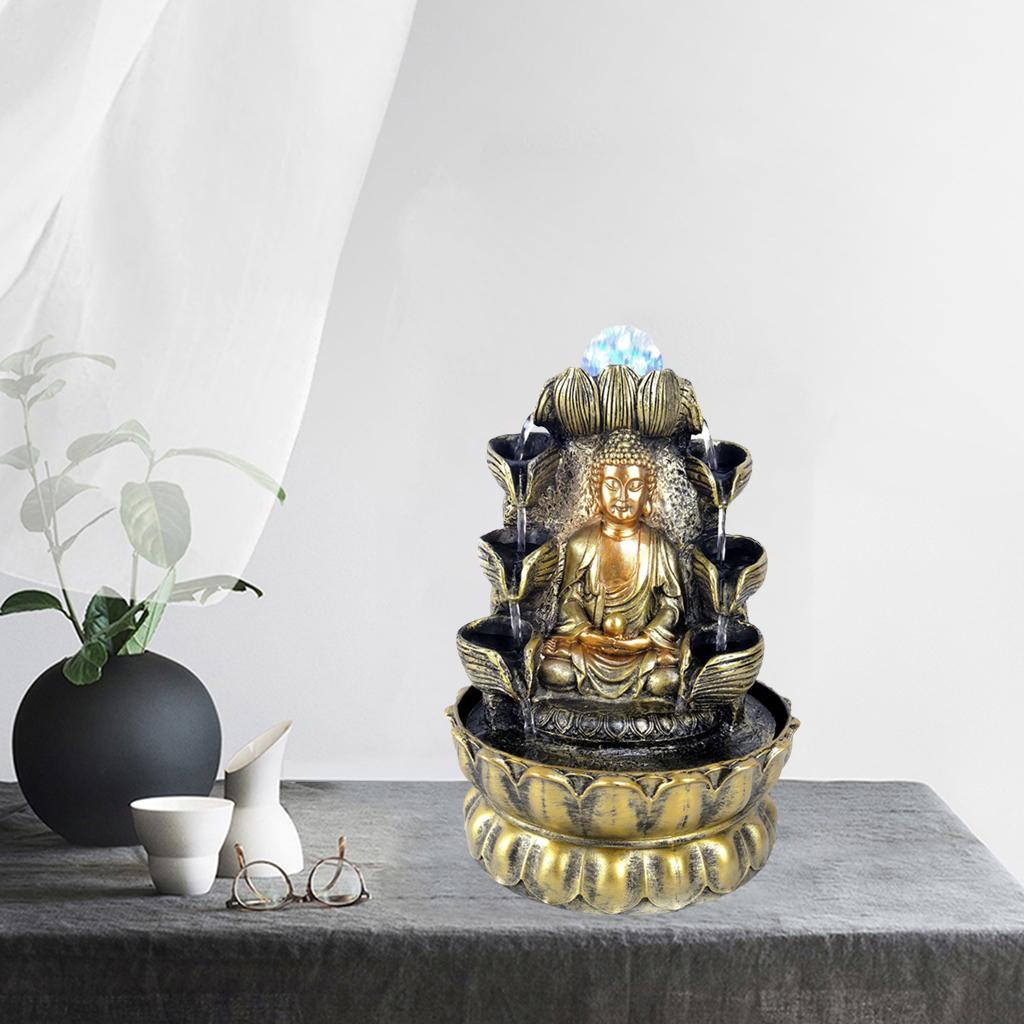 Sitting Buddha Fountain Fengshui Buddha Indoor Decoration Zen Meditation Tabletop Decorative Waterfall with Led Light for Office and Home Decor