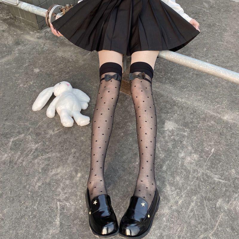 [Sỉ lẻ] Tất đùi mỏng, HỌA TIẾT CHẤM BI VIỀN LỚN ĐÍNH NƠ phong cách Lolita Nhật Bản cho nữ quyến rũ, sang chảnh - Noisock