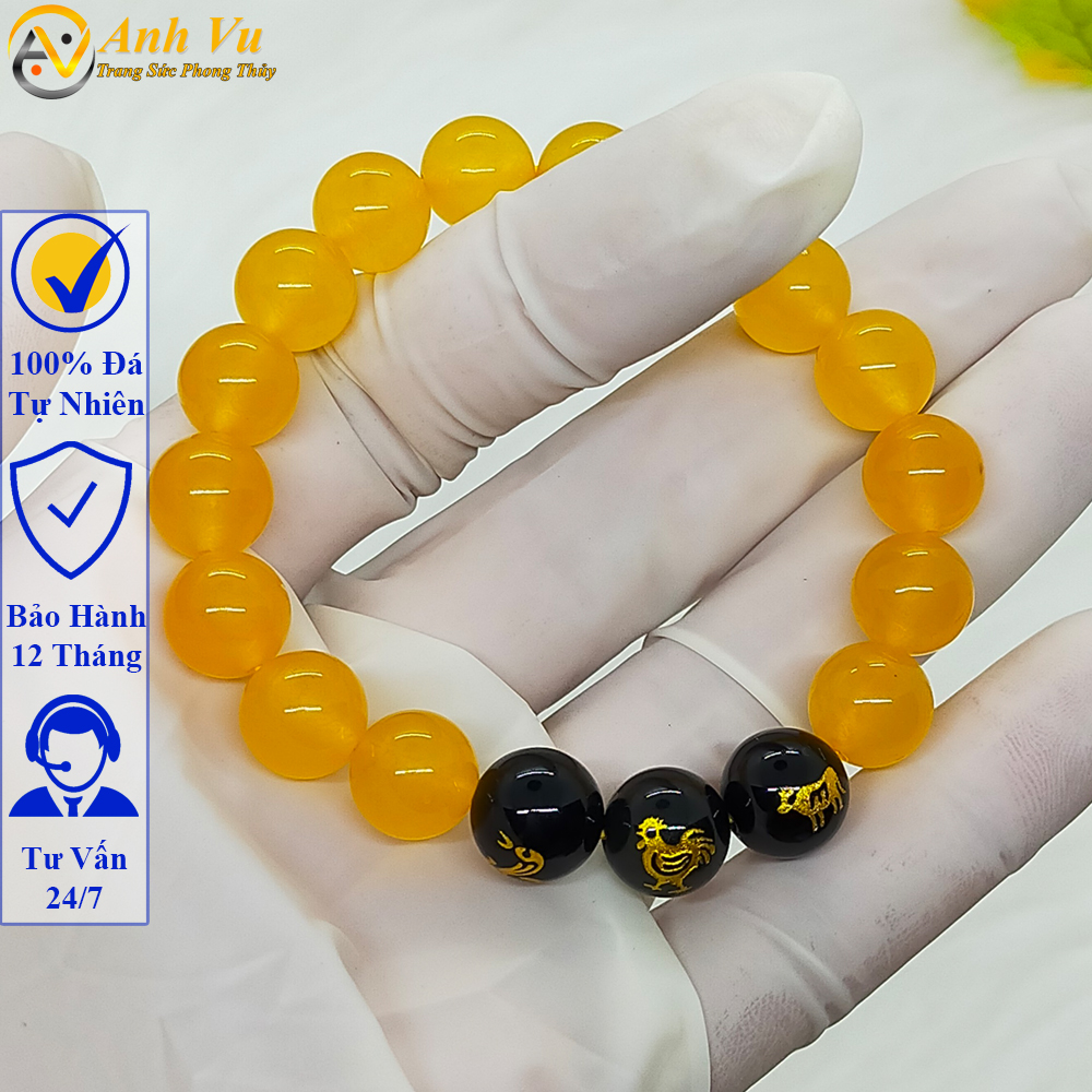 Vòng tay đá mã não vàng tự nhiên - Vòng tay tam hợp tỵ dậu sửu cho nữ mệnh kim - May mắn tài lộc bình an