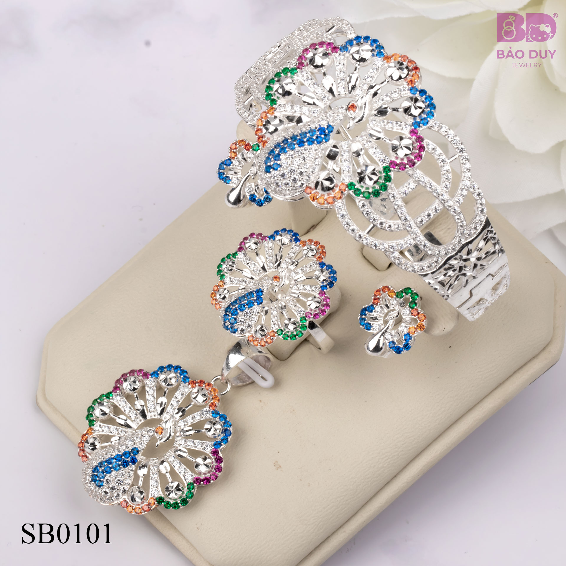 Bộ sưu tập trang sức bạc nữ hoa đính đá nhiều màu Bảo Duy Jewelry - SB0101