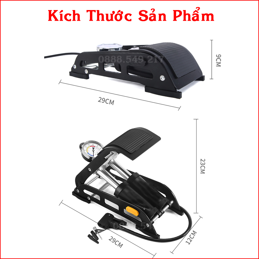 Bơm Hơi Đạp Chân Gấp Gọn  Cực Khỏe 2 Pitton Dùng Được Cho nhiều loại xe ô tô, xe máy, xe đạp, bể bơi, bóng đá, đồ chơi - Loại Đồng Hồ Chính Xác