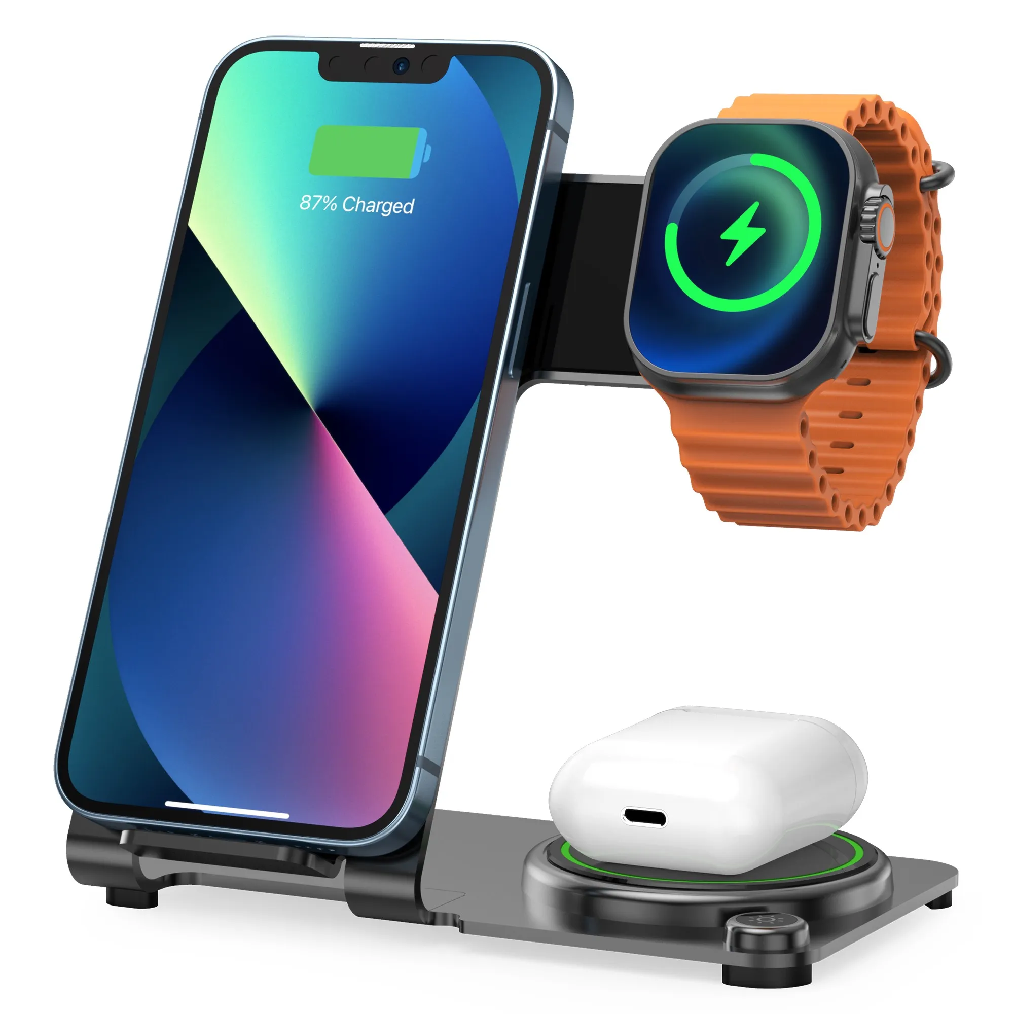 Giá đỡ đế sạc không dây Qi nam châm từ tính sạc nhanh 15W 3 in 1 hỗ trợ sạc cho Smartphone / Tai nghe / Smart Watch hiệu WIWU Power Air Wi-W005 (liên kết từ tính mạnh mẽ, Chuẩn Qi, Smartchip) - hàng nhập khẩu