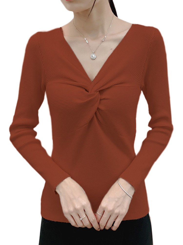 Fashion Women Winter Knit Bottoming Sweater Front Twisting Knot V Neck Long Sleeve Solid Color Slim Knitwear Pullover