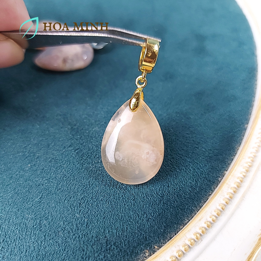 Mặt dây chuyền đá Mã Não hoa đào tự nhiên kiểu giọt nước 25x17.7mm, thời trang tài lộc không kén mệnh