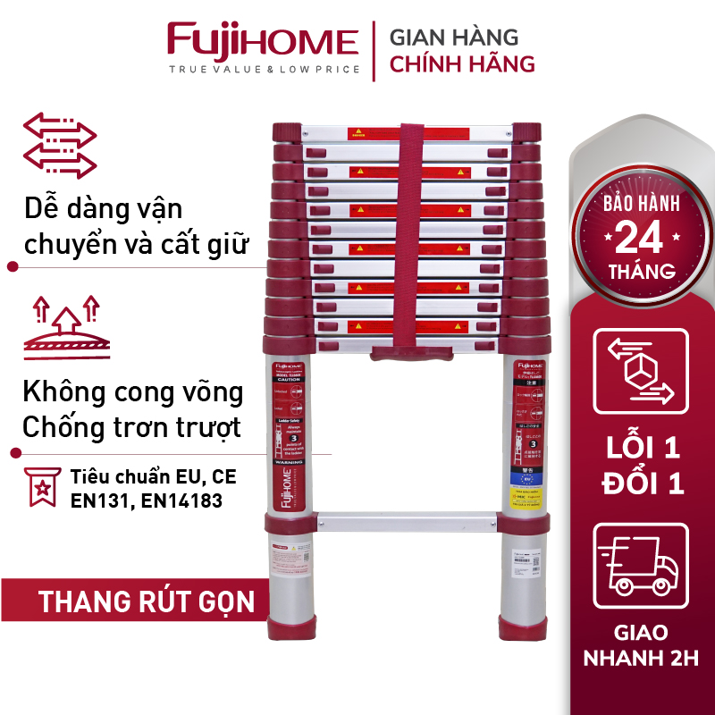 Thang nhôm rút đơn gấp gọn 3,8M - 5M FUJIHOME, thang rút xếp gọn gia đình đa năng - Hàng chính hãng