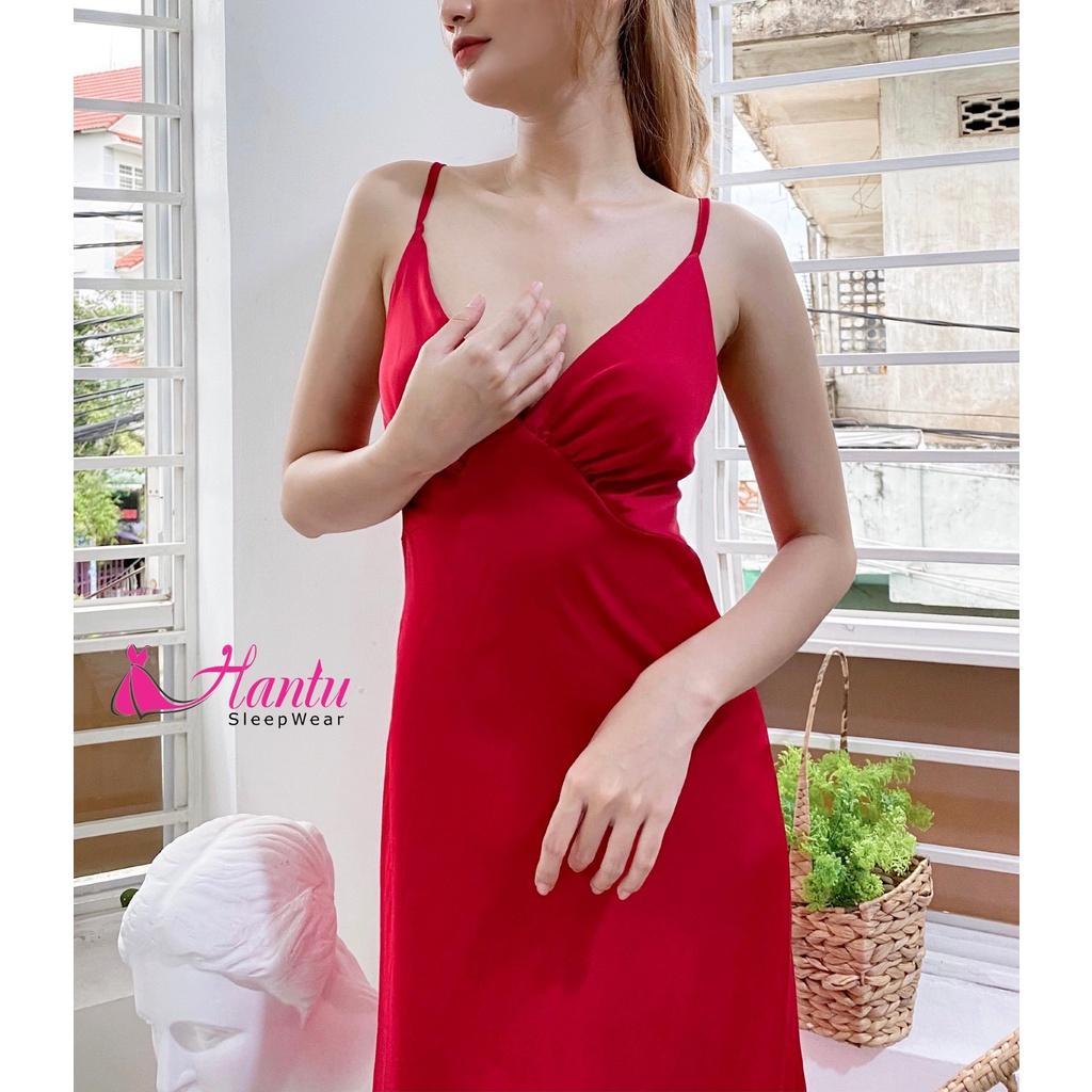 Váy ngủ lụa 2 dây cao cấp Hantu Sleepwear dáng dáng qua gối sang trọng ,sexy-Màu đỏ đô