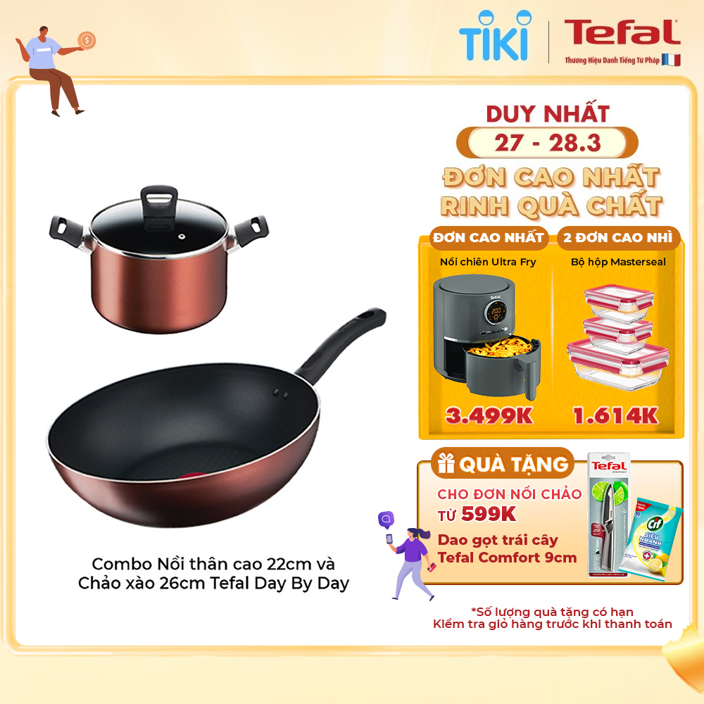 Combo Nồi thân cao Tefal Day By Day 22cm G1436105 và Chảo xào Tefal Day By Day 26cm G1437705 - Chống dính - Đáy từ - Dùng cho mọi loại bếp - Hàng chính hãng