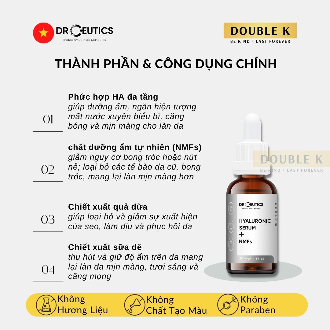 Hyaluronic Serum + NMFs Drceutics - Cấp Ẩm Tức Thì, Căng Mịn Làn Da - Double K