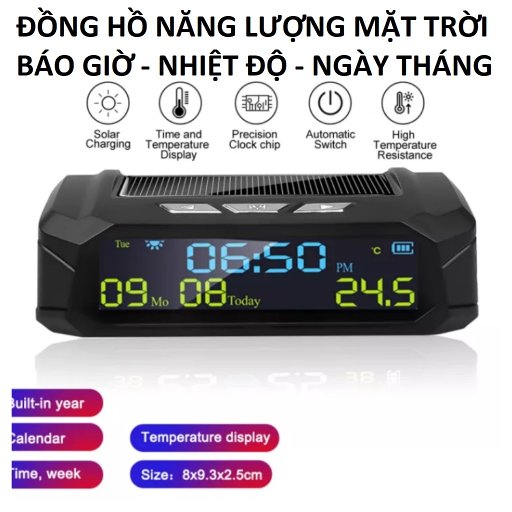 (LOẠI TỐT) Bộ đồng hồ gắn ô tô 3in1 năng lượng mặt trờ báo giờ kèm ngày tháng , nhiệt độ mẫu mới đa năng màn hình led