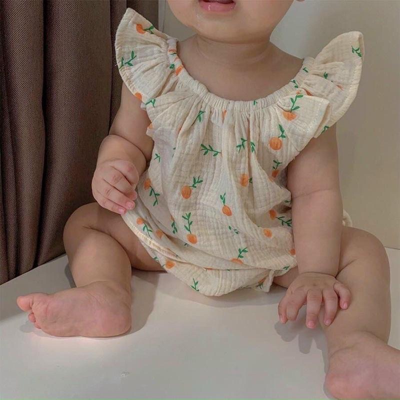 Vải xô muslin hình quả quýt cam nền be xô 2 lớp loại 1 mềm mịn