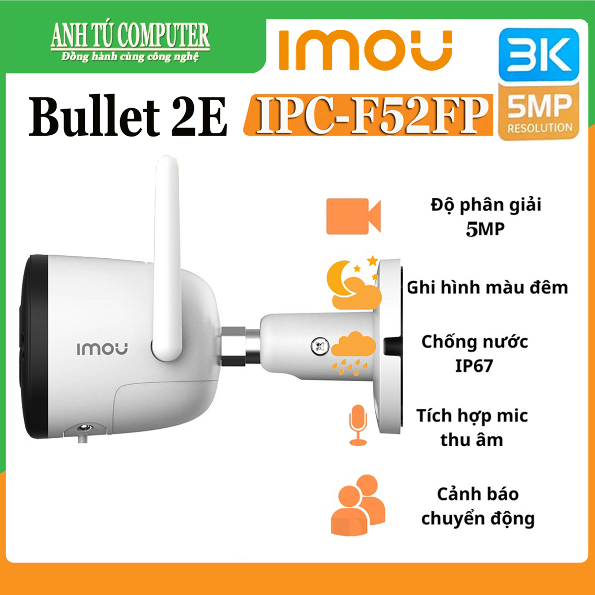 Camera IP Wifi 5MP 3K ngoài trời IMOU BULLET 2E F52FP hàng chính hãng